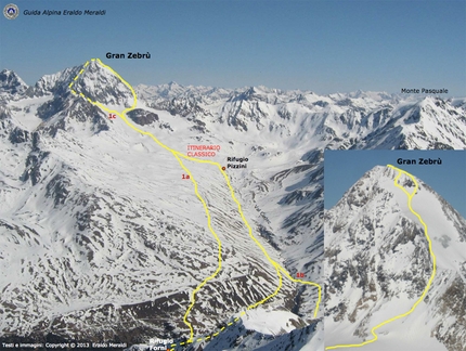 Gran Zebrù - Gran Zebrù and the various lines of ascents.