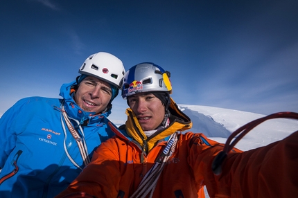 Moose's Tooth, Alaska - Dani Arnold and David Lama on the summit of their route Bird of Prey on Moose's Tooth, Alaska.