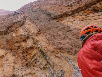 Ines Papert, Lisi Steurer, Patrik Aufdenblatten, Tadrarate, Taghia, Morocco - April 2013: Making the first ascent during Morocco's spring