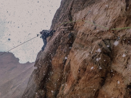 Ines Papert, Lisi Steurer, Patrik Aufdenblatten, Tadrarate, Taghia, Morocco - April 2013: Making the first ascent during Morocco's spring