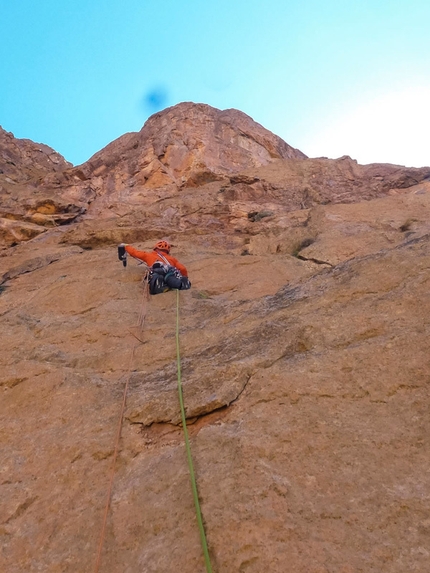 Ines Papert, Lisi Steurer, Patrik Aufdenblatten, Tadrarate, Taghia, Morocco - April 2013: Ines Papert during the first ascent