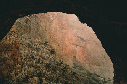 Ines Papert, Lisi Steurer, Patrik Aufdenblatten, Tadrarate, Taghia, Morocco - April 2013: the view from the bivy cave onto the SW Face of Tadrarate