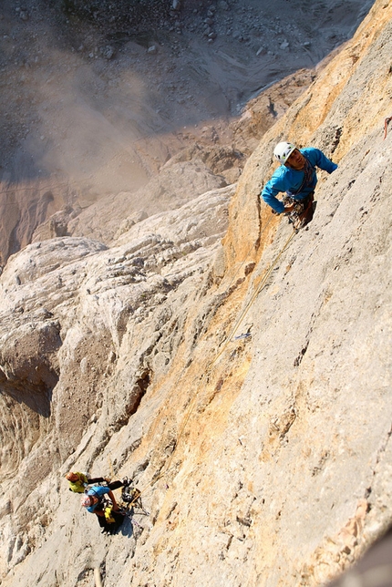 Colonne D'Ercole, Civetta - Nicola Tondini on the route Colonne d'Ercole (1200m, max IX, obbl. VIII+), Punta Tissi, Civetta, Dolomites, first ascended together with Alessandro Baù and Alessandro Beber.