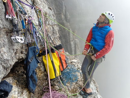 Colonne D'Ercole, Civetta - Alessandro Baù, Alessandro Beber and Nicola Tondini during the first ascent of their route Colonne d'Ercole (1200m, max IX, obl. VIII+), Punta Tissi, Civetta, Dolomites.