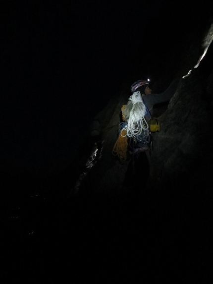 Colonne D'Ercole, Civetta - Alessandro Baù, Alessandro Beber and Nicola Tondini during the first ascent of their route Colonne d'Ercole (1200m, max IX, obl. VIII+), Punta Tissi, Civetta, Dolomites.