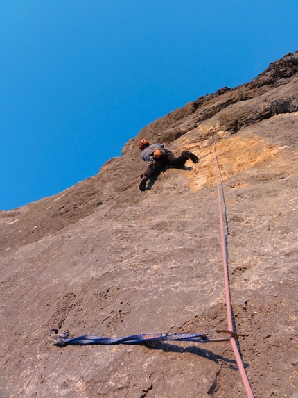 Colonne D'Ercole, Civetta - Alessandro Baù, Alessandro Beber and Nicola Tondini during the first ascent of their route Colonne d'Ercole (1200m, max IX, obl. VIII+), Punta Tissi, Civetta, Dolomites.