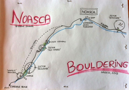 Val Noasca, Valle dell'Orco - Il disegno di Bernd Zangerl dei boulder da lui aperto in Val Noasca, Valle dell'Orco.