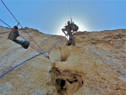 Monte Santu, Baunei, Sardinia - Nicola Sartori during the first ascent of Vertigine Blu