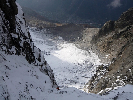 Birthright on Grands Charmoz - Chamonix... a thousand metres below and Claudio Pozzi on Birthright