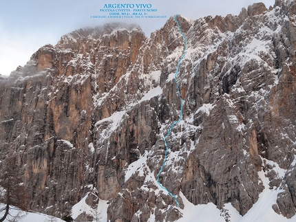 Argento Vivo - Piccola Civetta Parete Nord - Argento Vivo (WI 6+, M8, A2, V+, 1350m), Piccola Civetta, Dolomiti. 12-15/05/2013 Stefano Angelini, Alessandro Beber, Fabrizio Dellai.