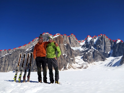 Gargoyle & Tooth Traverse, Alaska - Alex Bluemel and Gerry Fiegl back in Base Camp with most of the Tooth Traverse in the background