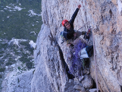 Lisetta, Col dei Bos, Fanis, Dolomites - Via Lisetta, Col dei Bos, Dolomites: Giacomo Duzzi at the belay