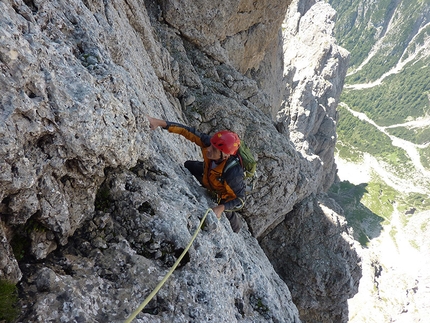 Via Cappellari - Timillero parete Nord Sass d'Ortiga (Pale di San Martino) - Nel caldo della Nord