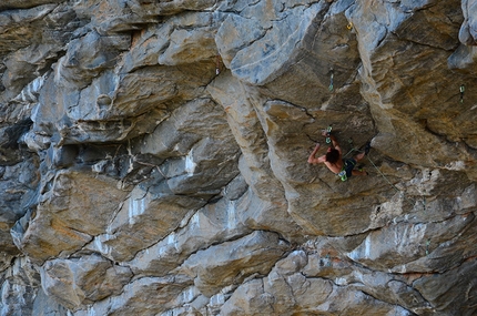 Adam Ondra - Adam Ondra attempting the upper crux on the new project at Flatanger in Norway.