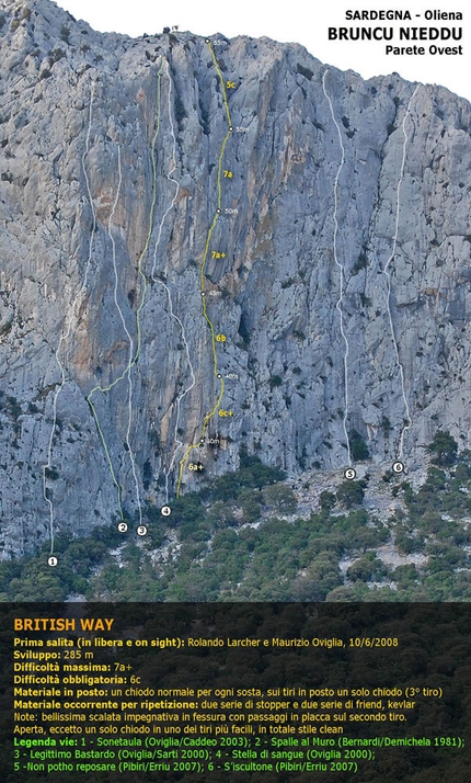 British Way, Punta Cusidore, Sardegna - British Way, 285 m, 7a+ max (6c obbl)  -  gradi inglesi E5 6a 
aperta in libera e a vista da Rolando Larcher e Maurizio Oviglia il 10/06/2008 usati solo chiodi alle soste e uno di via (lasciati)