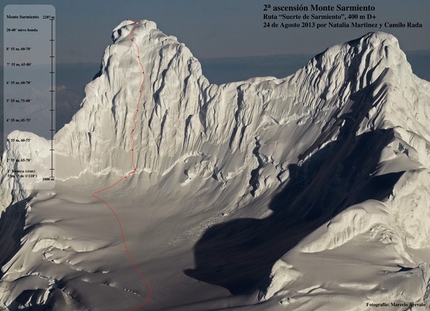 Monte Sarmiento - Suerte de Sarmiento (400m, D+, 24/08/2013 
Natalia Martinez, Camilo Rada), Monte Sarmiento Cima Est, Patagonia. La cima ovest è ben visibile sulla destra.