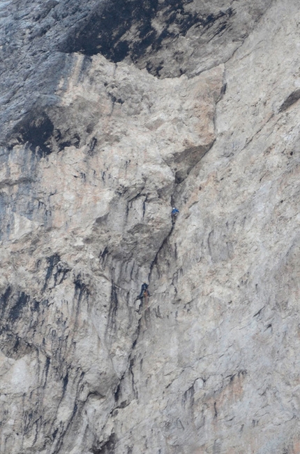 Monte Agner, Pale di San Martino - Variante del Li-Cuore, Monte Agner parete Nord-Est (VII+, A3, VII- obbligatorio, Tito Arosio, Luca Vallata 2013)