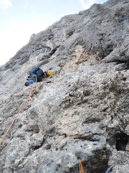 Monte Agner, Pale di San Martino - Li-Cuore variation, Monte Agner, NE Face (VII+, A3, VII- obligatory, Tito Arosio, Luca Vallata 2013)