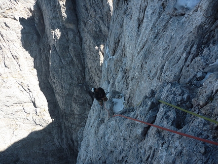 Monte Agner, Pale di San Martino - Li-Cuore variation, Monte Agner, NE Face (VII+, A3, VII- obligatory, Tito Arosio, Luca Vallata 2013)