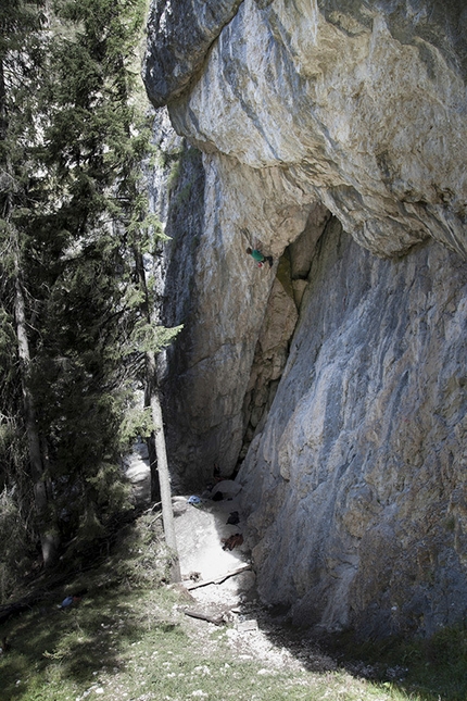 Ciastlins, Dolomites - Mark Oberlechner climbing Poseidon 8c, Ciastlins, Dolomites.