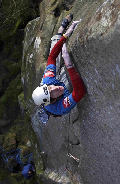 James Pearson - James Pearson on the desperate slopy moves of The Groove E10 7b, Cratcliffe Tor, Peak District, UK. He carried out the first ascent on 02 February 2008.