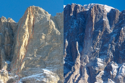 Civetta, Dolomites - Th collapse of Su Alto, Civetta, Dolomites that occurred on 16 November 2013. In the photo on the left the lines of the two routes (Via Piussi left, via Livanos right), in the photo on the right the face after the collapse.