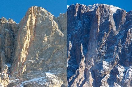 Civetta, Dolomiti - Il crollo della Cima Su Alto, Civetta, Dolomiti del 16 novembre 2013. Nella foto a sinistra lo spigolo con i tracciati delle due vie interessate (Via Piussi a sx, via Livanos a dx), nella foto a destra invece la parete dopo il crollo.