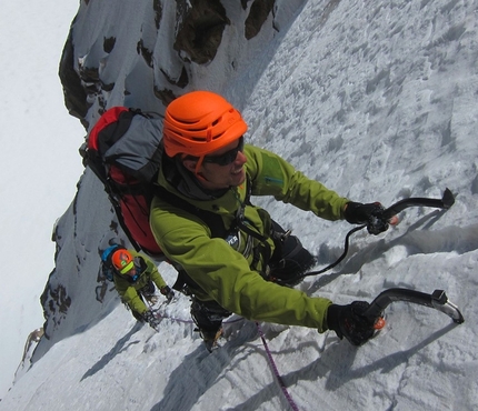 Great Walls of China, Kyrgyzstan - Bas vd Smeede and Vincent Perrin half way up the north face during the first ascent of Double Trouble (TD -, AI4, 800m), Great Walls of China, Kyrgyzstan on 16/08/2013.