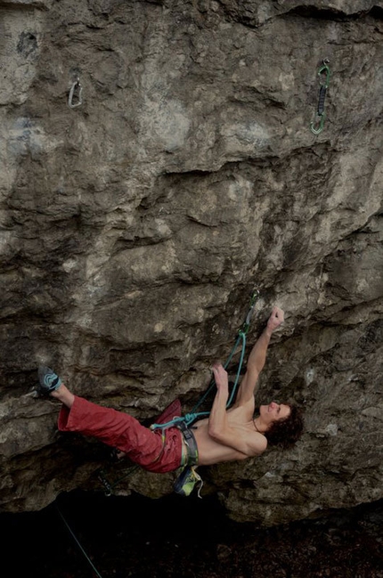 Adam Ondra on Vasil Vasil 9b+ - Adam Ondra climbing the crux move of his Vasil Vasil 9b+ at Sloup in the Czech Republic