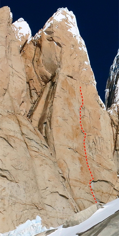 Torre Egger West Face, Patagonia - The route of Ermanno Salvaterra, Tomas Franchini, Paolo Grisa and Francesco Salvaterra up the centre of the West Face of Torre Egger in Patagonia, November 2013.