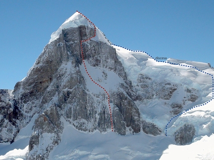 Torre Egger parete Ovest, Patagonia - La linea di Ruleta Trentina (650m M5 WI5) sulla parete sud di Cerro Rincón aperta da Tomas Franchini e Francesco Salvaterra nel novembre 2013.