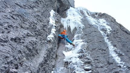 Robert Jasper - Robert Jasper and Wolfram Liebich during the first ascent of The Black Death (WI7/M8, E5, 250m) at Kandersteg, Switzerland.