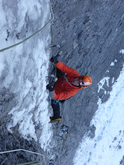 Robert Jasper - Robert Jasper and Wolfram Liebich during the first ascent of The Black Death (WI7/M8, E5, 250m) at Kandersteg, Switzerland.