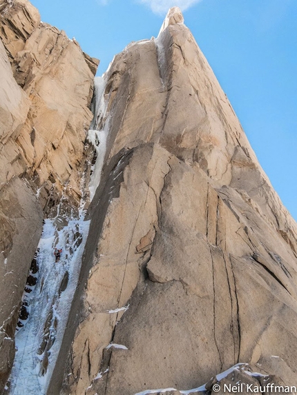 Cerro Domo Blanco, Patagonia - The final ice flow on Super Domo (V 600m WI5 M6, Mikey Schaefer, Joel Kauffman, Neil Kauffman 02/01/2014)