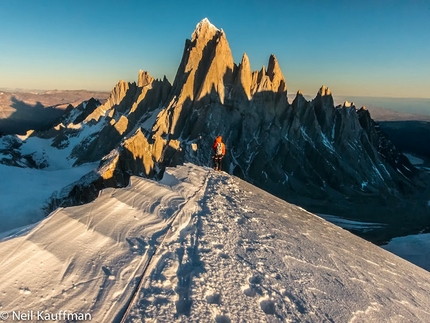 Cerro Domo Blanco, Patagonia - Heading down around 9 pm after the first ascent of Super Domo (V 600m WI5 M6, Mikey Schaefer, Joel Kauffman, Neil Kauffman 02/01/2014)