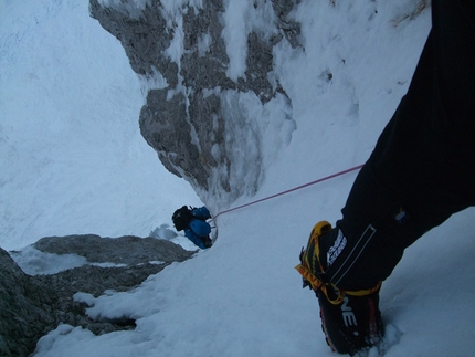 Merà Dimel, Presolana - Merà Dimel (650m, AI 4 M6, Yuri Parimbelli, Tito Arosio, Ennio Spiranelli 13/01/2014), Anticima delle Quattro Matte, Presolana.