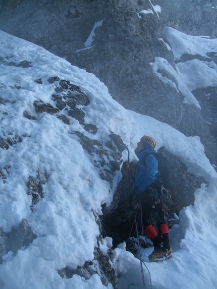 Merà Dimel, Presolana - Merà Dimel (650m, AI 4 M6, Yuri Parimbelli, Tito Arosio, Ennio Spiranelli 13/01/2014), Anticima delle Quattro Matte, Presolana.