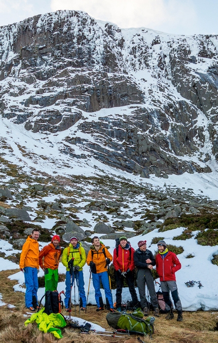 Scotland winter climbing - Guy Robertson, Nick Bullock, Greg Boswell, Will Sim, Uisdean Hawthorn, Iain Small and Callum Johnson after climbing on Creag and Dubh Loch, Scotland