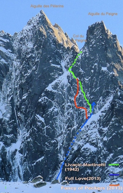 Fancy of Peckers, Monte Blanc - Gianluca Cavalli and Marcello Sanguineti during the first ascent of Fancy of Peckers, Col du Peigne, Mont Blanc on 08/12/2013