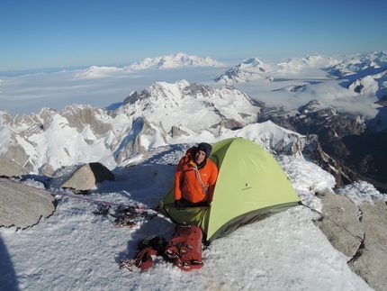 Fitz Roy Traverse, Patagonia - Alex Honnold, morning wake up on Fitz Roy after a long night climbing with Tommy Caldwell.