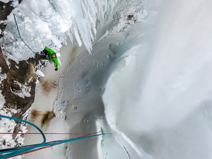 Helmcken Falls, Canada - Klemen Premrl climbing the 6th pitch of Overhead Hazard