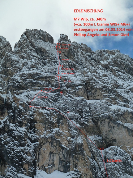 Edle Mischung, Sella, Dolomites - Philipp Angelo and Simon Gietl during the first ascent of Edle Mischung (M7 WI6  60°, 340m), Ciampanil del Mufreit, Sella, Dolomites.