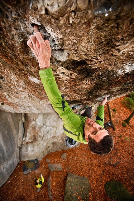 Bernardo Gimenez - Patxi Usobiaga climbing Action Direct, 9a, Frankenjura, Germany