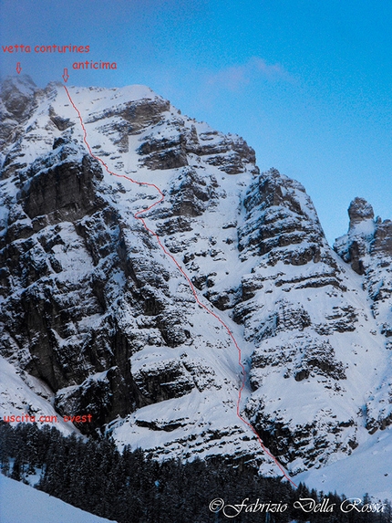 Conturines West Face, Dolomites - The line chosen by Fabrizio Della Rossa and Manuel Nocker down the West Face of Conturines, Dolomites