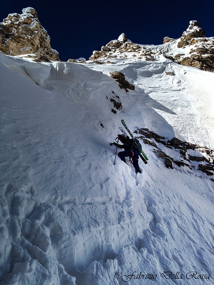 Conturines West Face, Dolomites - Fabrizio Della Rossa ascending up towards the West Face of Conturines, Dolomites