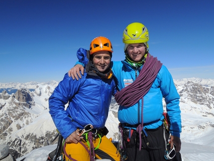 Tre Cime di Lavaredo, Dolomites - Ueli Steck & Michi Wohlleben on the summit of Cima Ovest after having climbed the Cassin route