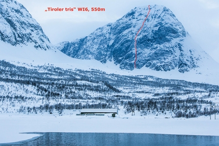Tromsø, Norway - Tiroler tris (550m, WI 6, Albert Leichtfried, Benedikt Purner, Elias Holzknecht 20/02/2014), Trolltinden Kågen