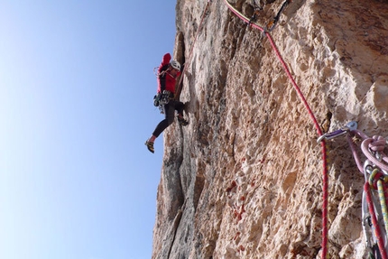 Marmolada - Rolando Larcher on the 12th pitch of AlexAnna, Marmolada, Dolomites.