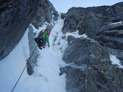 Aiguille du Plan, Mont Blanc - Jeff Mercier and Corrado Pesce on the Chris Bonington - Rafael Tejada-Flores route, West Face Aiguille du Plan: Jeff on the second pitch of the  Valentine Goulotte