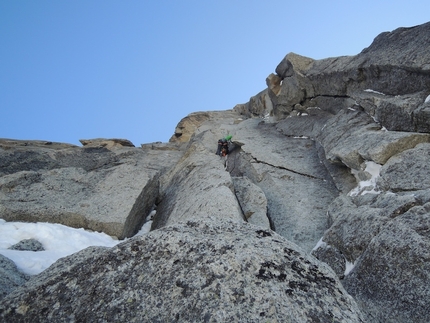 Aiguille du Plan, Mont Blanc - Jeff Mercier and Corrado Pesce on the Chris Bonington - Rafael Tejada-Flores route, West Face Aiguille du Plan: Jeff on the first pitch of the corner